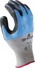 SHOWA - Size M (7), ANSI Cut Lvl 4, Puncture Lvl 2, Abrasion Lvl 3, Nitrile Coated HPPE Fiber/Stainless Steel Cut Resistant Gloves - Palm, Fingers & Knuckles Coated, Black/Blue, Paired - Industrial Tool & Supply