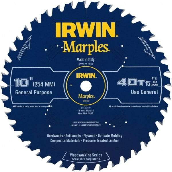 Irwin Blades - 10" Diam, 5/8" Arbor Hole Diam, 40 Tooth Wet & Dry Cut Saw Blade - Carbide-Tipped, Finishing Action, Standard Round Arbor - Industrial Tool & Supply