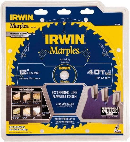 Irwin Blades - 12" Diam, 1" Arbor Hole Diam, 40 Tooth Wet & Dry Cut Saw Blade - Carbide-Tipped, Finishing Action, Standard Round Arbor - Industrial Tool & Supply