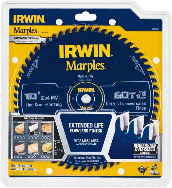 Irwin Blades - 10" Diam, 5/8" Arbor Hole Diam, 60 Tooth Wet & Dry Cut Saw Blade - Carbide-Tipped, Finishing Action, Standard Round Arbor - Industrial Tool & Supply