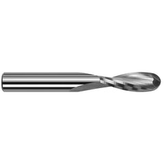 Ball End Mill: 0.1181″ Dia, 0.354″ LOC, 2 Flute, Solid Carbide 1-1/2″ OAL, 1/8″ Shank Dia, 20 ° Helix, Uncoated, Single End