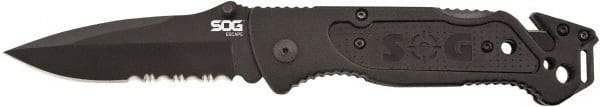 SOG Specialty Knives - 3-13/32" Blade, 8.2" OAL, Partially Serrated Clip Point Folding Knife - 4.8" Closed Length, Plastic, 1 Blade, 1 Edge - Industrial Tool & Supply