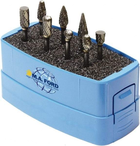 M.A. Ford - 8 Piece, 3mm Shank Burr Set - Solid Carbide, Multiple Head Shapes, 3° Included Angle - Industrial Tool & Supply