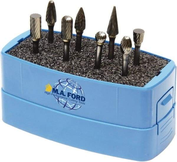 M.A. Ford - 8 Piece, 3mm Shank Burr Set - Solid Carbide, Multiple Head Shapes, 3° Included Angle - Industrial Tool & Supply