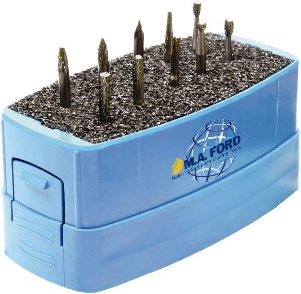 M.A. Ford - 10 Piece, 3mm Shank Burr Set - Solid Carbide, Multiple Head Shapes, 3° Included Angle - Industrial Tool & Supply