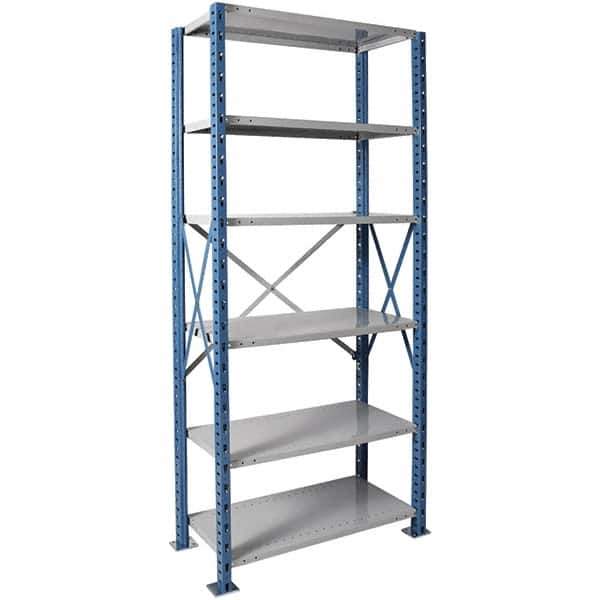 Hallowell - 6 Shelf Starter Extra Heavy-Duty Open Steel Shelving - 1 Lb Capacity, 36" Wide x 87" High x 18" Deep, Blue/Platinum - Industrial Tool & Supply