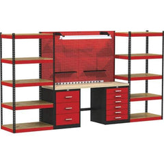 Hallowell - 132 Wide x 24" Deep x 78" High, Wood Workbench - Flat Top, Black/Red - Industrial Tool & Supply