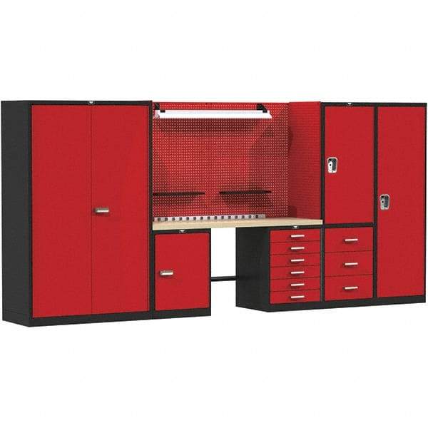 Hallowell - 132 Wide x 24" Deep x 78" High, Wood Workbench - Flat Top, Black/Red - Industrial Tool & Supply