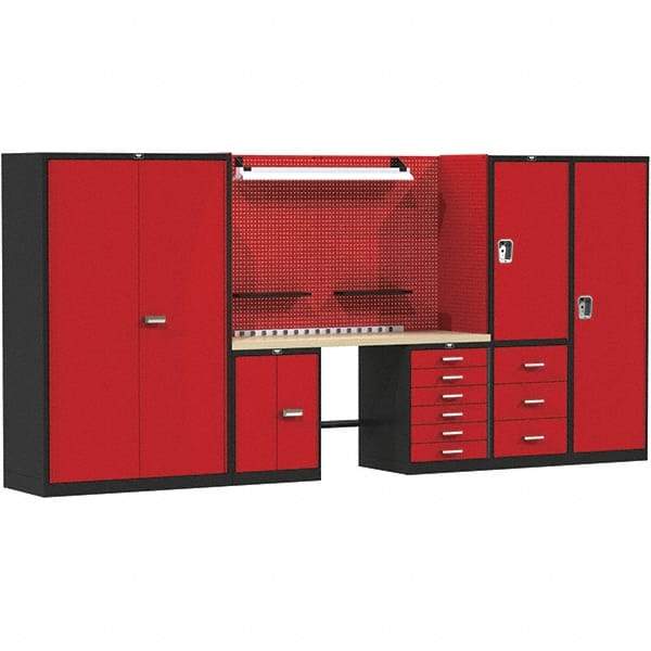 Hallowell - 168 Wide x 24" Deep x 78" High, Wood Workbench - Flat Top, Black/Red - Industrial Tool & Supply