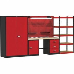 Hallowell - 132 Wide x 24" Deep x 78" High, Wood Workbench - Flat Top, Black/Red - Industrial Tool & Supply