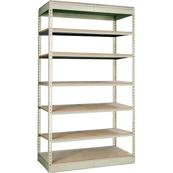 Hallowell - 7 Shelf Starter Particle Board Open Steel Shelving - 350 Lb Capacity, 36" Wide x 84" High x 12" Deep, Tan - Industrial Tool & Supply