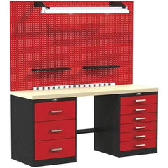 Hallowell - 60 Wide x 24" Deep x 78" High, Wood Workbench - Flat Top, Black/Red - Industrial Tool & Supply