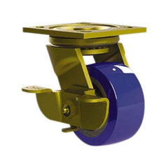 E.R. Wagner - 4" Diam x 2" Wide x 5-5/8" OAH Top Plate Mount Swivel Caster with Brake - Mold on Polyurethane, 750 Lb Capacity, Roller Bearing, 4 x 4-1/2" Plate - Industrial Tool & Supply