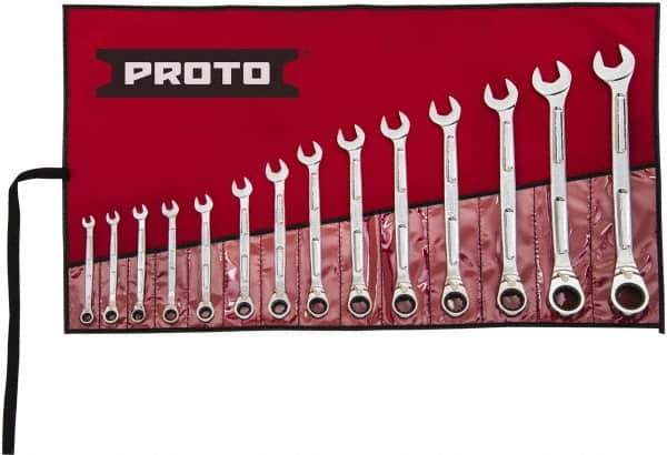 Proto - 14 Piece, 6mm to 19mm, Ratcheting Combination Wrench Set - Metric Measurement Standard, Full Polish Finish, Comes in Pouch - Industrial Tool & Supply
