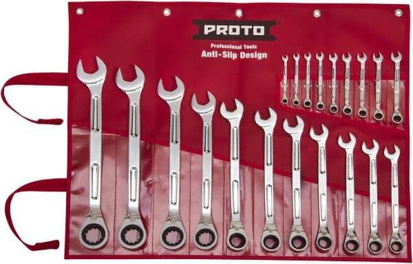 Proto - 20 Piece, 6mm to 32mm, Ratcheting Combination Wrench Set - Metric Measurement Standard, Full Polish Finish, Comes in Pouch - Industrial Tool & Supply
