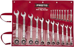 Proto - 20 Piece, 6mm to 32mm, Ratcheting Combination Wrench Set - Metric Measurement Standard, Full Polish Finish, Comes in Pouch - Industrial Tool & Supply