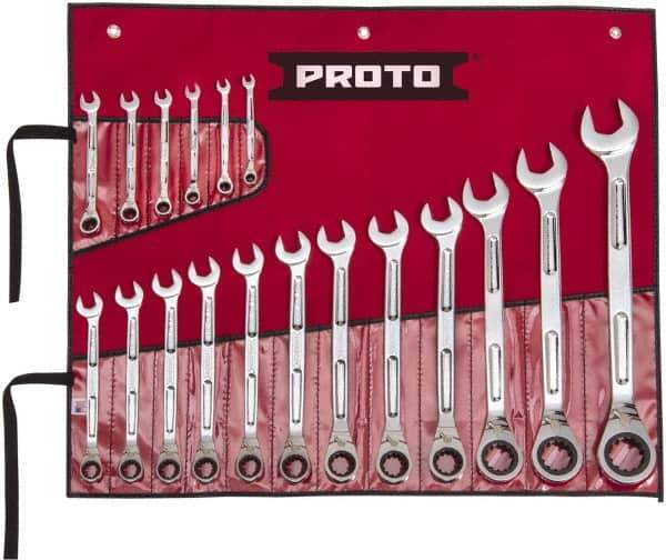 Proto - 18 Piece, 1/4" to 1-1/4", Ratcheting Combination Wrench Set - Inch Measurement Standard, Full Polish Finish, Comes in Pouch - Industrial Tool & Supply