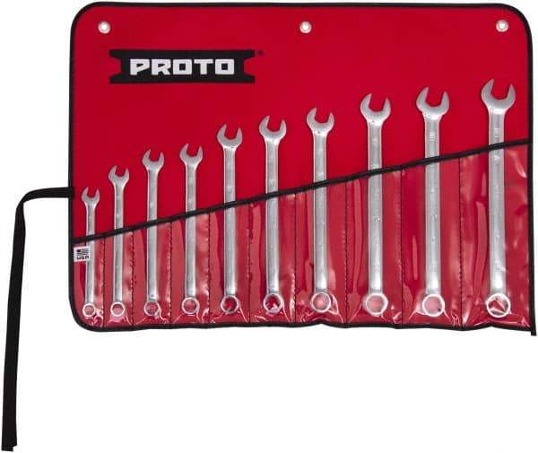 Proto - 10 Piece, 10mm to 19mm, 6 Point Combination Wrench Set - Metric Measurement Standard, Full Polish Finish, Comes in Tool Roll - Industrial Tool & Supply