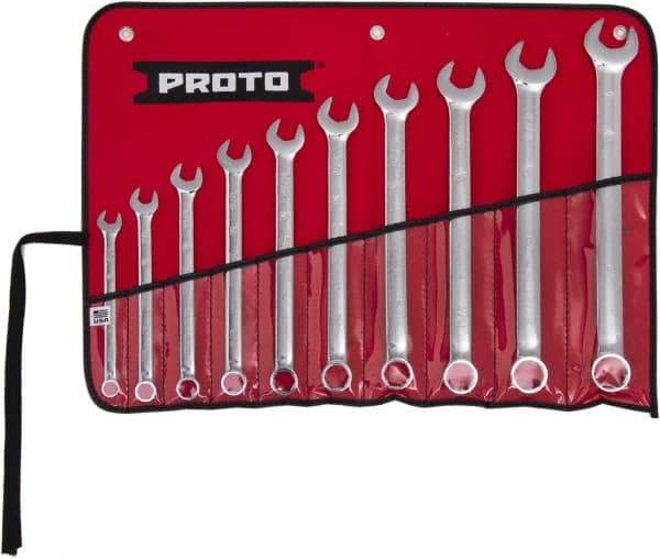 Proto - 10 Piece, 7/16" to 1", 6 Point Combination Wrench Set - Inch Measurement Standard, Full Polish Finish, Comes in Tool Roll - Industrial Tool & Supply