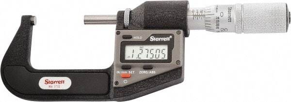 Starrett - 25.4 to 50.8 mm Range, 0.0001" Resolution, Standard Throat, Electronic Outside Micrometer - 0.0001" Accuracy, Friction Thimble, Micro Lapped Carbide Face, CR2450 Battery, Includes 3V Battery - Industrial Tool & Supply