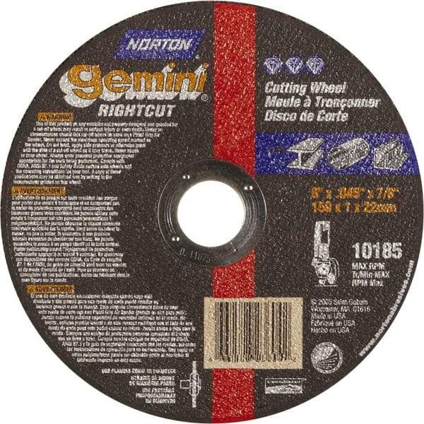 Norton - 6" Aluminum Oxide Cutoff Wheel - 0.045" Thick, 7/8" Arbor, Use with Die Grinders - Industrial Tool & Supply
