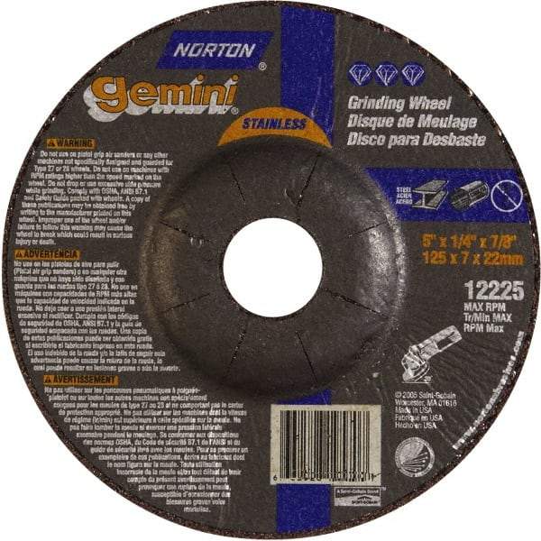 Norton - 24 Grit, 5" Wheel Diam, 1/4" Wheel Thickness, 7/8" Arbor Hole, Type 27 Depressed Center Wheel - Aluminum Oxide - Industrial Tool & Supply