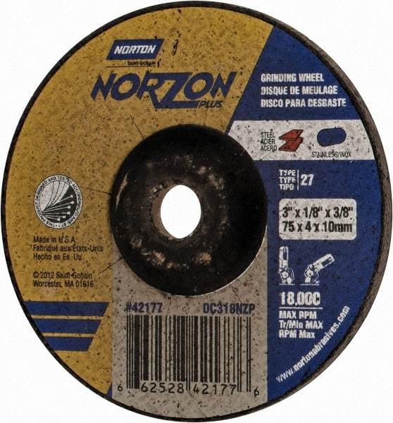 Norton - 24 Grit, 3" Wheel Diam, 1/8" Wheel Thickness, 3/8" Arbor Hole, Type 27 Depressed Center Wheel - Ceramic, 18,000 Max RPM - Industrial Tool & Supply