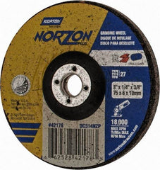 Norton - 24 Grit, 3" Wheel Diam, 1/4" Wheel Thickness, 3/8" Arbor Hole, Type 27 Depressed Center Wheel - Ceramic, 18,000 Max RPM - Industrial Tool & Supply