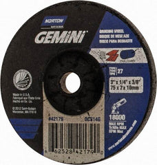 Norton - 24 Grit, 3" Wheel Diam, 1/4" Wheel Thickness, 3/8" Arbor Hole, Type 27 Depressed Center Wheel - Aluminum Oxide, 18,000 Max RPM - Industrial Tool & Supply