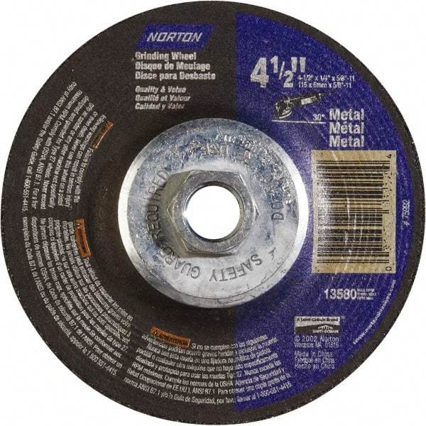 Norton - 24 Grit, 4-1/2" Wheel Diam, 1/4" Wheel Thickness, Type 27 Depressed Center Wheel - Aluminum Oxide - Industrial Tool & Supply
