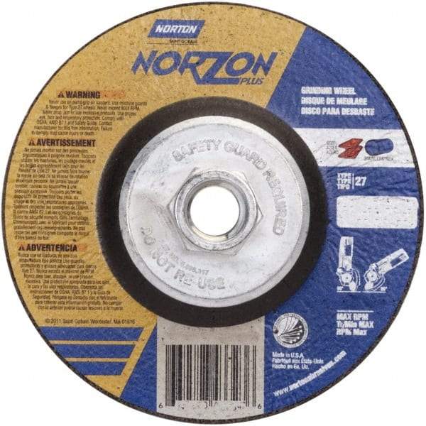 Norton - 24 Grit, 5" Wheel Diam, 1/8" Wheel Thickness, Type 27 Depressed Center Wheel - Ceramic - Industrial Tool & Supply