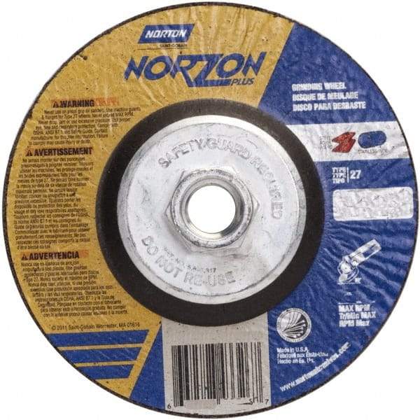 Norton - 24 Grit, 5" Wheel Diam, 1/4" Wheel Thickness, Type 27 Depressed Center Wheel - Ceramic, 12,225 Max RPM - Industrial Tool & Supply