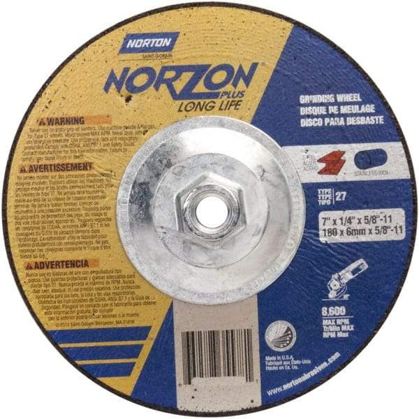 Norton - 24 Grit, 5" Wheel Diam, 1/4" Wheel Thickness, Type 27 Depressed Center Wheel - Ceramic - Industrial Tool & Supply