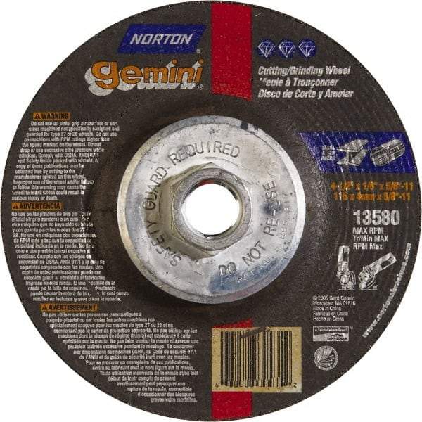 Norton - 24 Grit, 4-1/2" Wheel Diam, 1/8" Wheel Thickness, Type 27 Depressed Center Wheel - Aluminum Oxide, 13,580 Max RPM - Industrial Tool & Supply