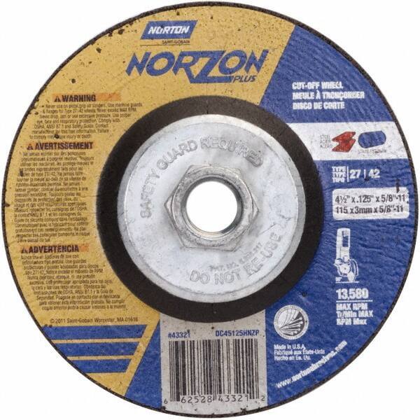 Norton - 36 Grit, 4-1/2" Wheel Diam, 1/8" Wheel Thickness, Type 27 Depressed Center Wheel - Ceramic - Industrial Tool & Supply