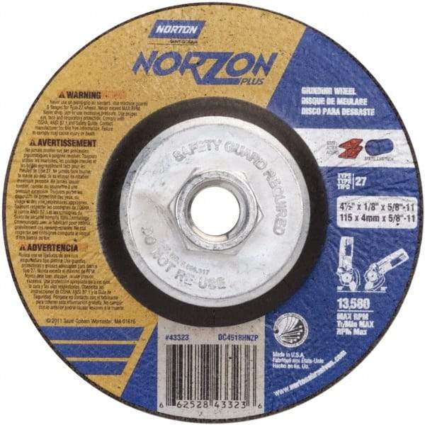 Norton - 24 Grit, 4-1/2" Wheel Diam, 1/8" Wheel Thickness, Type 27 Depressed Center Wheel - Ceramic, 13,580 Max RPM - Industrial Tool & Supply