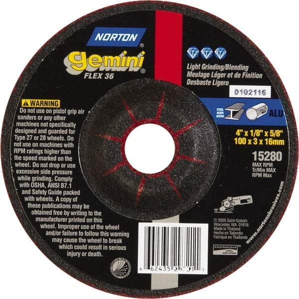 Norton - 36 Grit, 4-1/2" Wheel Diam, 1/8" Wheel Thickness, Type 29 Depressed Center Wheel - Aluminum Oxide - Industrial Tool & Supply