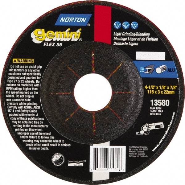 Norton - 36 Grit, 4-1/2" Wheel Diam, 1/8" Wheel Thickness, 7/8" Arbor Hole, Type 29 Depressed Center Wheel - Aluminum Oxide - Industrial Tool & Supply