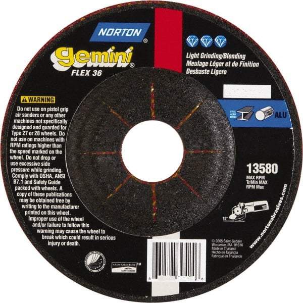 Norton - 36 Grit, 5" Wheel Diam, 1/8" Wheel Thickness, 7/8" Arbor Hole, Type 29 Depressed Center Wheel - Aluminum Oxide - Industrial Tool & Supply