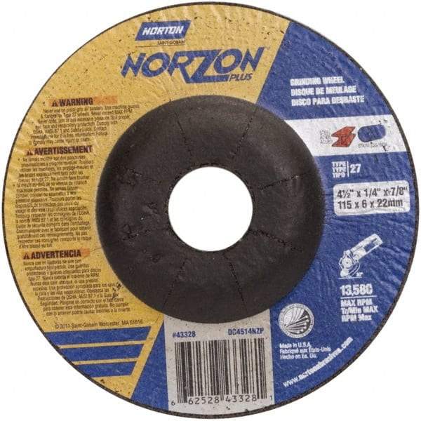 Norton - 24 Grit, 4-1/2" Wheel Diam, 1/4" Wheel Thickness, 7/8" Arbor Hole, Type 27 Depressed Center Wheel - Ceramic - Industrial Tool & Supply
