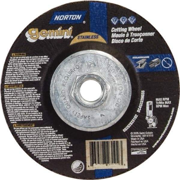 Norton - 36 Grit, 4-1/2" Wheel Diam, 3/32" Wheel Thickness, Type 27 Depressed Center Wheel - Aluminum Oxide - Industrial Tool & Supply