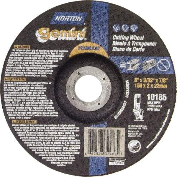 Norton - 36 Grit, 6" Wheel Diam, 3/32" Wheel Thickness, 7/8" Arbor Hole, Type 27 Depressed Center Wheel - Aluminum Oxide - Industrial Tool & Supply