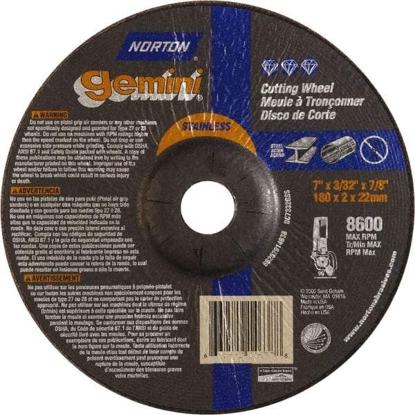 Norton - 36 Grit, 7" Wheel Diam, 3/32" Wheel Thickness, 7/8" Arbor Hole, Type 27 Depressed Center Wheel - Aluminum Oxide - Industrial Tool & Supply