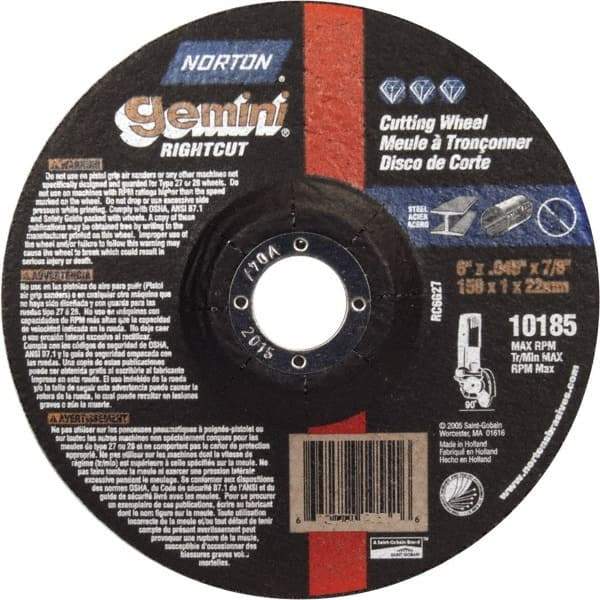 Norton - 46 Grit, 6" Wheel Diam, 7/8" Arbor Hole, Type 27 Depressed Center Wheel - Aluminum Oxide - Industrial Tool & Supply