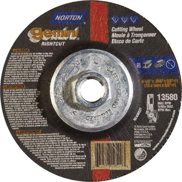 Norton - 46 Grit, 4-1/2" Wheel Diam, Type 27 Depressed Center Wheel - Aluminum Oxide - Industrial Tool & Supply