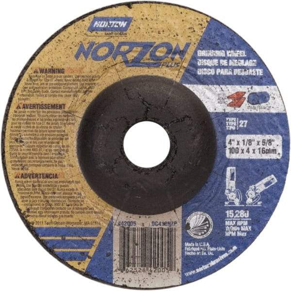 Norton - 24 Grit, 4" Wheel Diam, 1/8" Wheel Thickness, 5/8" Arbor Hole, Type 27 Depressed Center Wheel - Ceramic, 15,280 Max RPM - Industrial Tool & Supply