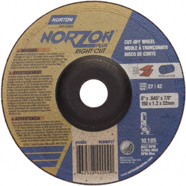 Norton - 46 Grit, 6" Wheel Diam, 7/8" Arbor Hole, Type 27 Depressed Center Wheel - Industrial Tool & Supply