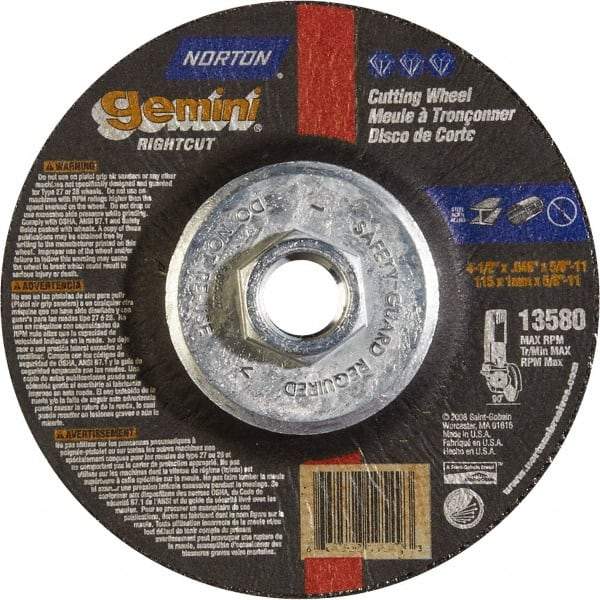 Norton - 46 Grit, 4-1/2" Wheel Diam, Type 27 Depressed Center Wheel - Aluminum Oxide - Industrial Tool & Supply