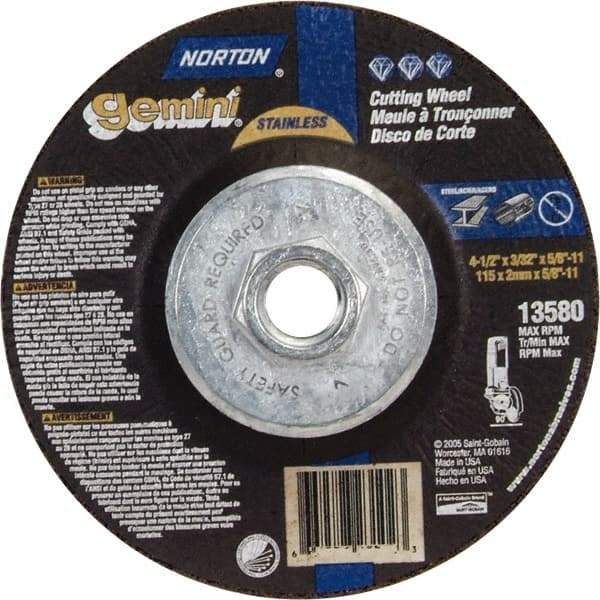 Norton - 36 Grit, 4-1/2" Wheel Diam, 3/32" Wheel Thickness, Type 27 Depressed Center Wheel - Aluminum Oxide - Industrial Tool & Supply