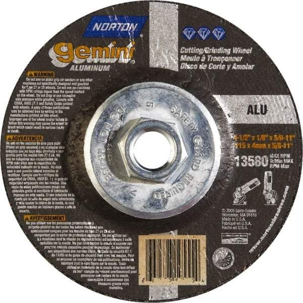 Norton - 24 Grit, 4-1/2" Wheel Diam, 1/8" Wheel Thickness, Type 27 Depressed Center Wheel - Aluminum Oxide, 13,580 Max RPM - Industrial Tool & Supply